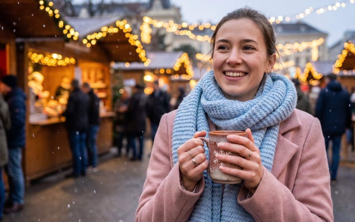Junge Frau mit Punschhäferl lacht am abendlichen Wiener Christkindlmarkt