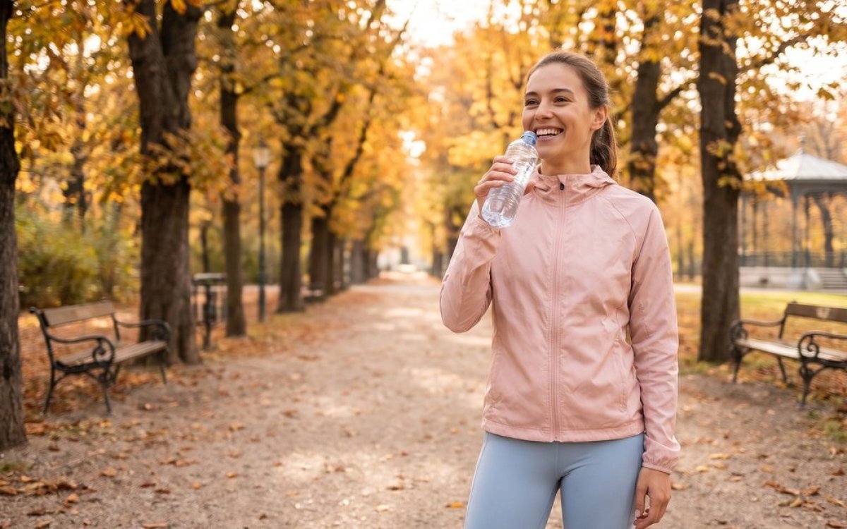 Läuferin trinkt im herbstlichen Park Wasser aus einer Flasche und lächelt