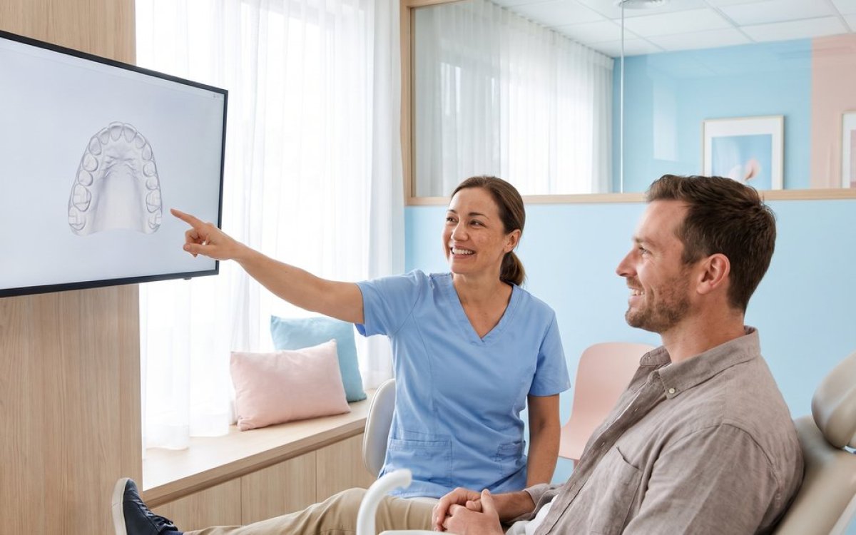 Zahnärztin zeigt einem Patienten das 3D-Modell seiner Zähne am Bildschirm