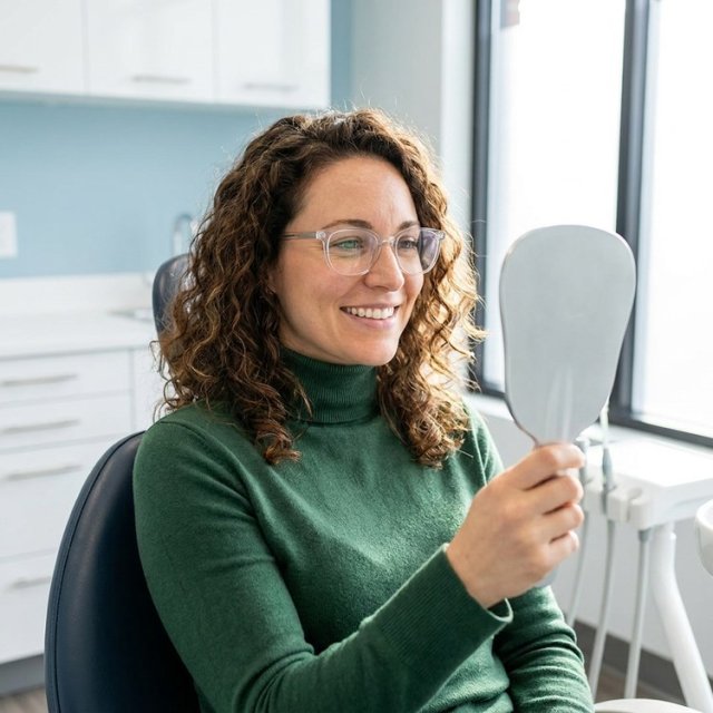 Everyday life with aligners: patient with a hand mirror in the treatment chair