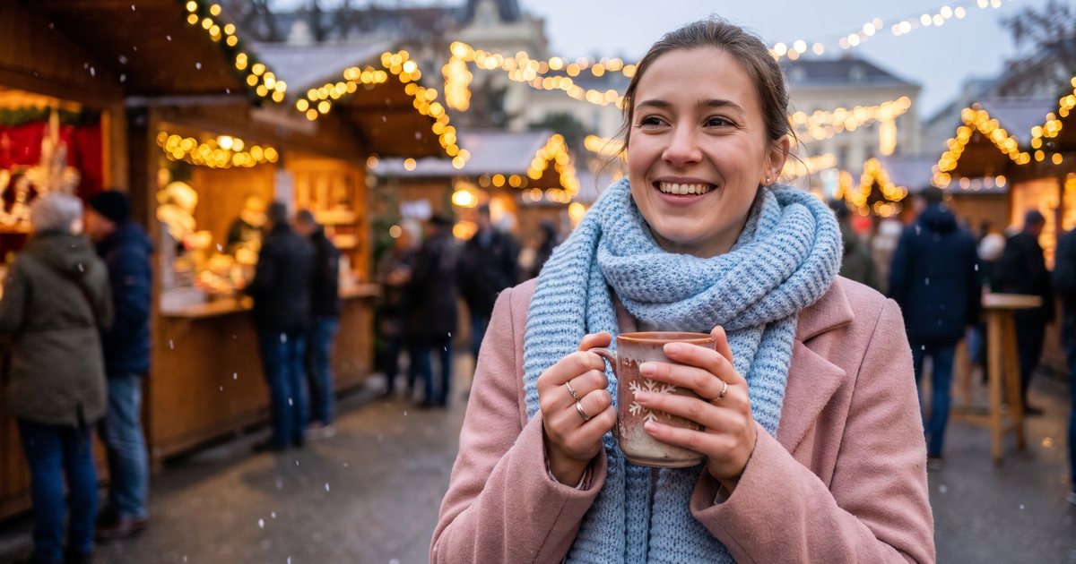 Junge Frau mit Punschhäferl lacht am abendlichen Wiener Christkindlmarkt