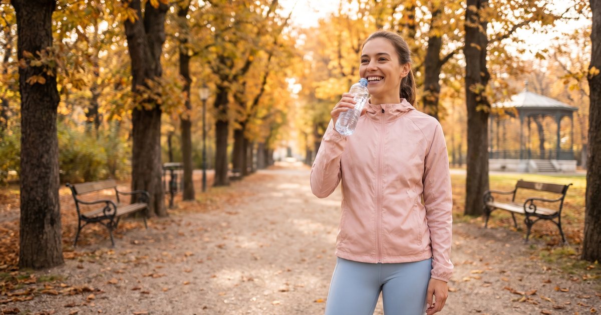 Läuferin trinkt im herbstlichen Park Wasser aus einer Flasche und lächelt