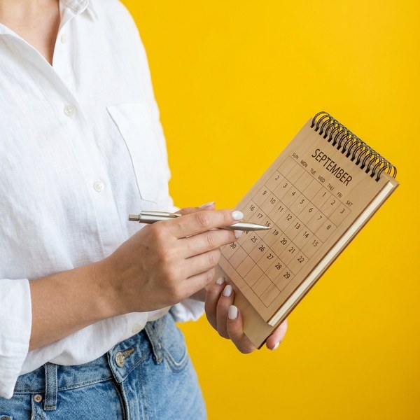 Woman writing an appointment in a calendar with a pen