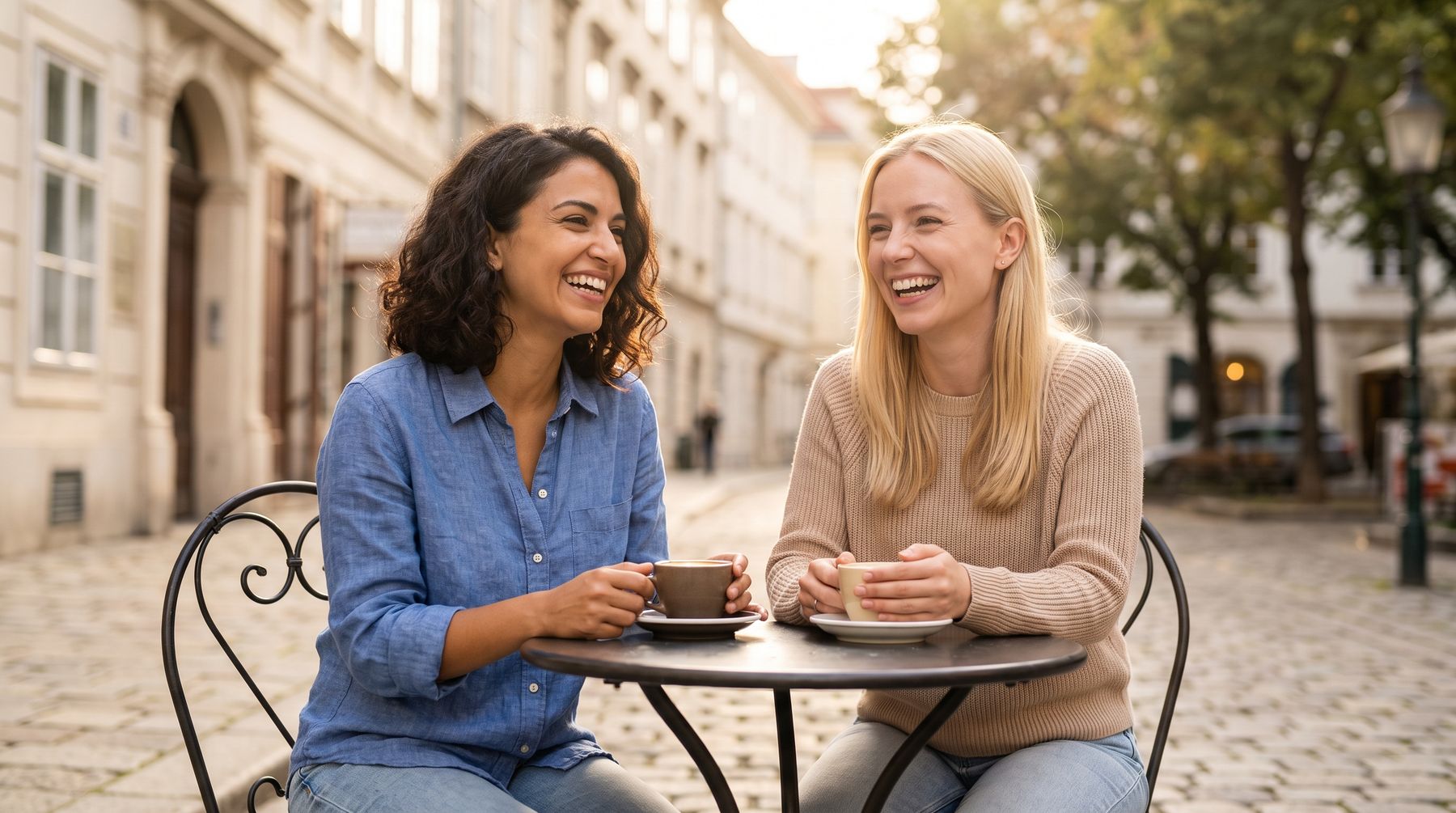 Zwei junge Frauen lachen gemeinsam in einem Straßencafé in der Wiener Innenstadt